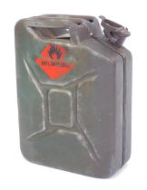A metal petrol can, military style painted in green, 47cm high, 32cm wide.