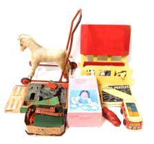 Toys and games, comprising push along horse, tea set, wooden Noah's Arc and various animals, fort, e
