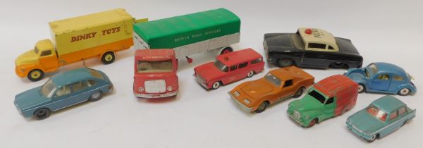 Diecast playworn vehicles, comprising tinplate police No 10 vehicle, Dinky Austin Triumph Vitesse, V