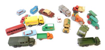 Diecast vehicles, playworn, including Dinky Trojan van, Dinky articulated roller, Corgi Mercedes Ben
