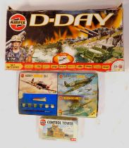 Three Airfix model kits, comprising 1-72 scale D Day A90300, air field control tower HO/OO gauge, an