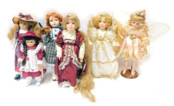 A group of porcelain headed collectors dolls, comprising Alberon Stephanie, Fairytale Collection Rap