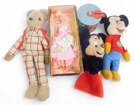 A tinplate 1950s money box, a Spring Petals Barbie, Mickey Mouse soft toy, Mickey Mouse hand puppet,