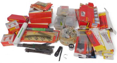 Hornby OO gauge accessories, including track mat accessory packs, track pack systems, single brick b
