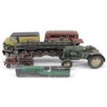 Reproduction tin plate items and biscuit tins, comprising 4-12-2 Big Boy locomotive, John Deere trac
