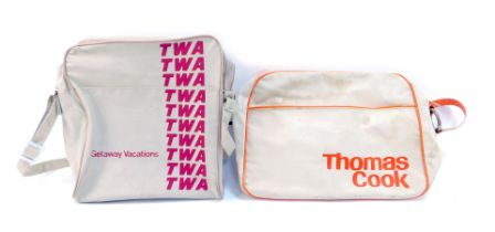 A 1970s TWA Getaway Vacations messenger bag, and a Thomas Cook messenger bag.