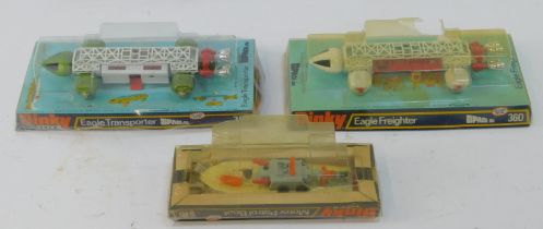 Dinky Toys Space 1999 360 Eagle Freighter, Space 1999 359 Eagle Transporter, and 675 Motor Patrol bo