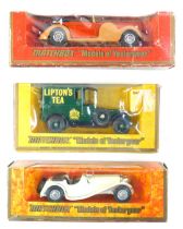 Matchbox Models of Yesteryear, including Y1 1936 Jaguar SS-1000, Y11 1938 Legonda Coupe, and Y5 1927