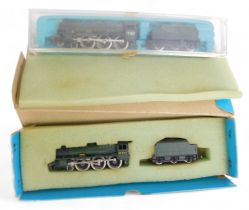 Peco N gauge locomotives, including Jubilee class locomotive Bahamas 4-6-0 45596 in green livery, an