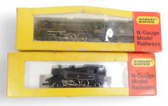 Hornby Minitrix N gauge locomotives, including an Ivatt 2-6-2 T locomotive 41214 in BR lined black,