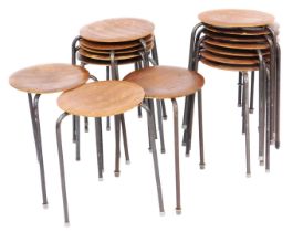 A set of fifteen mid 20thC stools, each with a circular laminate top, on tubular steel legs, 30cm di