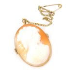 A 9ct gold oval cameo pendant, bust portrait of a lady, on a safety chain as fitted, 4.3g.