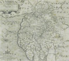 After Willem Kip (17thC). Cumbria map, black and white engraving 28cm x 32cm.