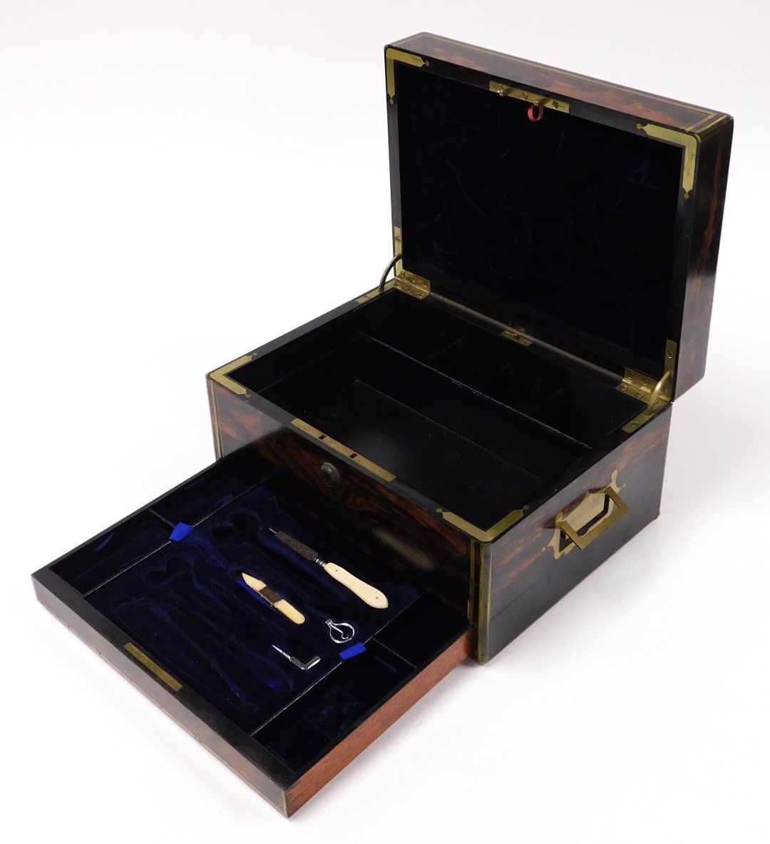 A Victorian coromandel and brass bound writing box, the lock plate stamped S Morden and Company, the - Image 2 of 5