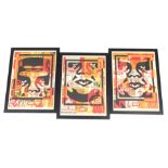 Shepard Fairey (American, B.1970). Three Obey facial collage prints, signed, 60cm x 44.5cm.