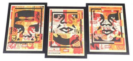 Shepard Fairey (American, B.1970). Three Obey facial collage prints, signed, 60cm x 44.5cm.