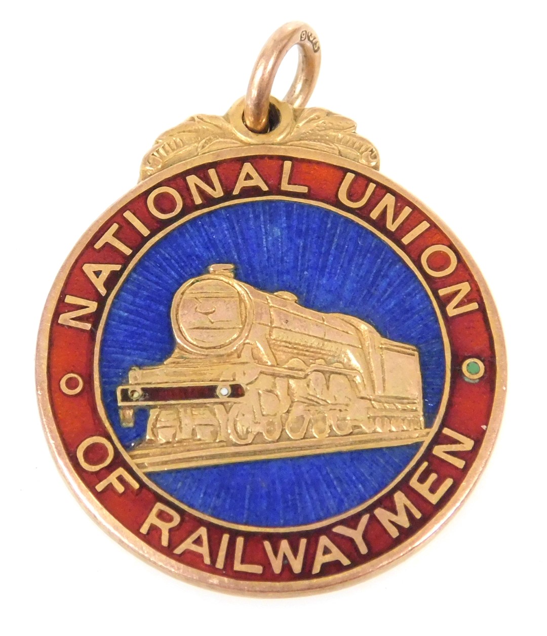 A 9ct gold enamel National Union of Railway men medallion, presentation engraved to Bro. E. Thomas,