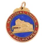 A 9ct gold enamel National Union of Railway men medallion, presentation engraved to Bro. E. Thomas,