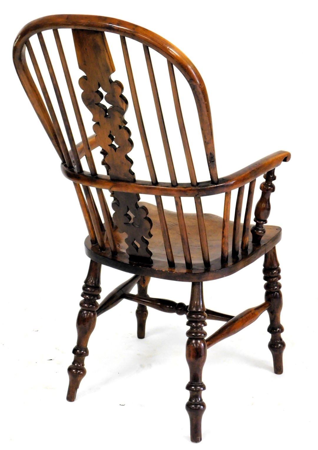 A yew and elm Windsor chair, with a pierced splat, spindle turned rails and a solid seat, on turned - Image 2 of 2