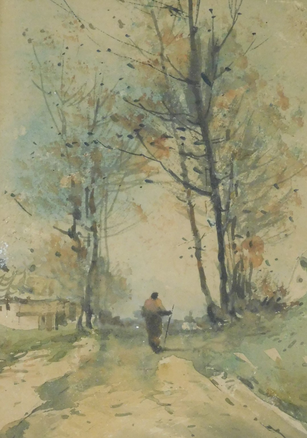 P Deleaux (French, late 19thC). A figure walking on a country lane, pair of watercolours, signed, 17 - Image 4 of 5