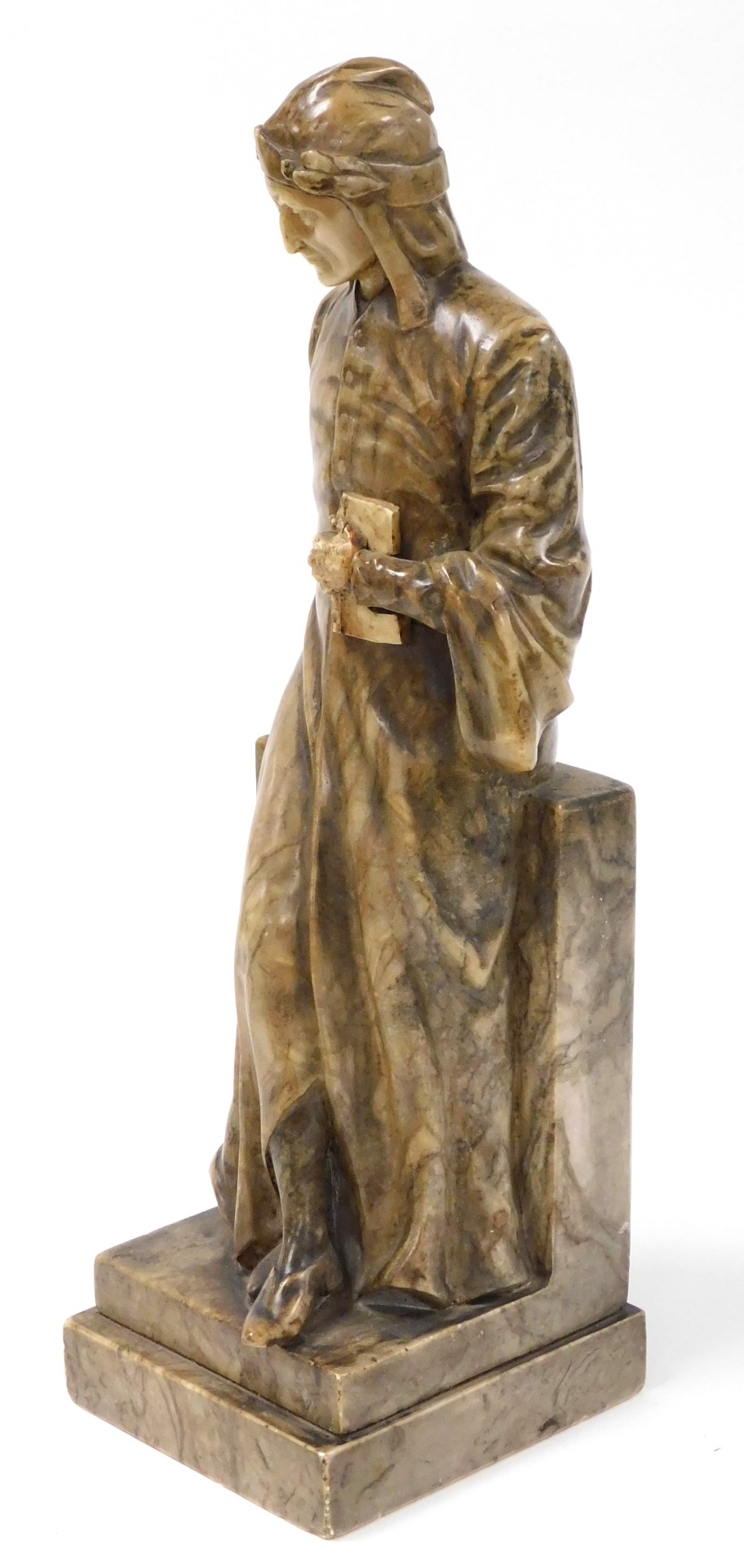 A 19thC alabaster figure of Dante Alighieri, modelled standing, leaning against a plinth, with a boo - Image 2 of 4