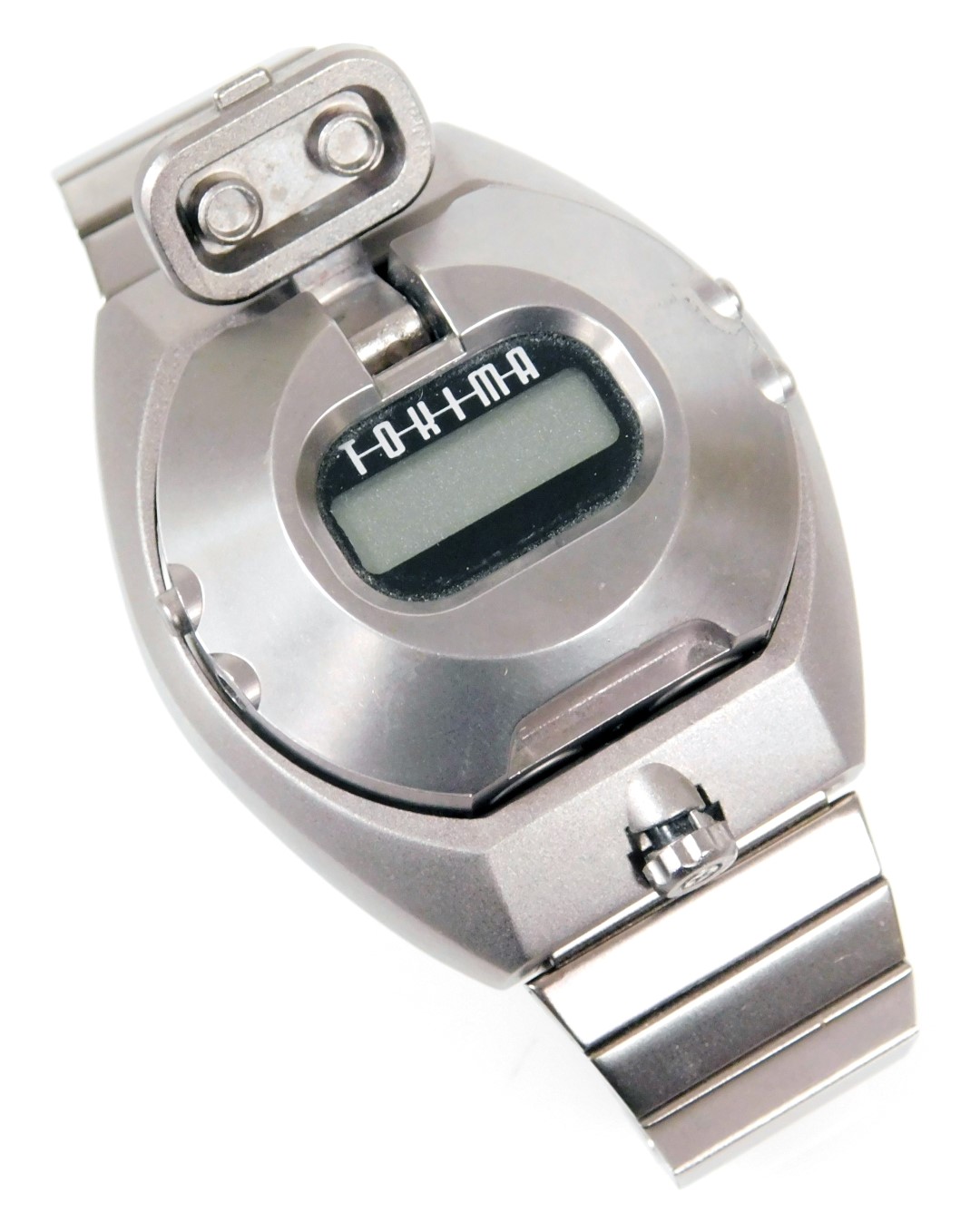 A Bandai Tokima metal case robot wristwatch, with a digital movement.