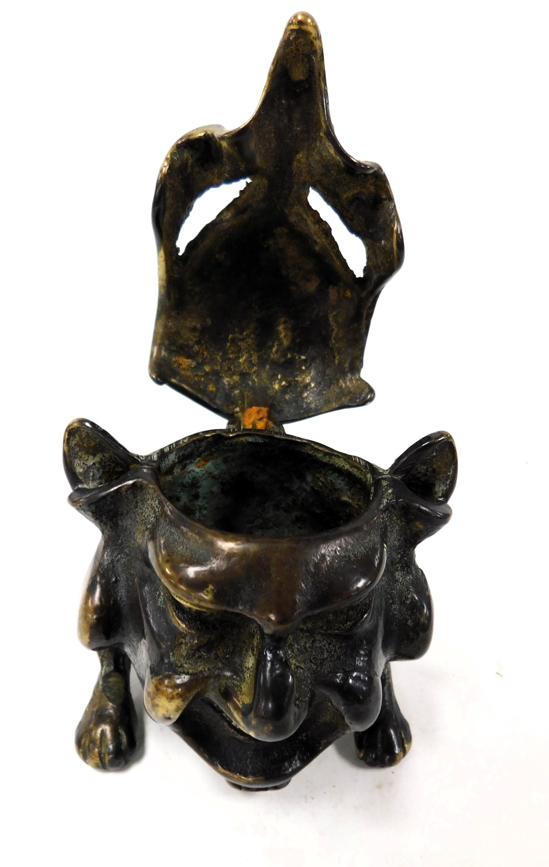An early 20thC bronze inkwell, modelled as a grotesque, manner of Martin Brothers, 7cm wide. - Image 2 of 2