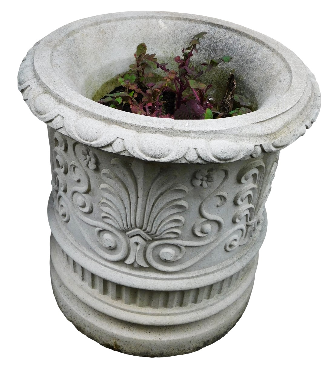 A stone cylindrical planter with egg and dart border, and anthenian banded body, 50cm high, 50cm dia