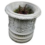 A stone cylindrical planter with egg and dart border, and anthenian banded body, 50cm high, 50cm dia