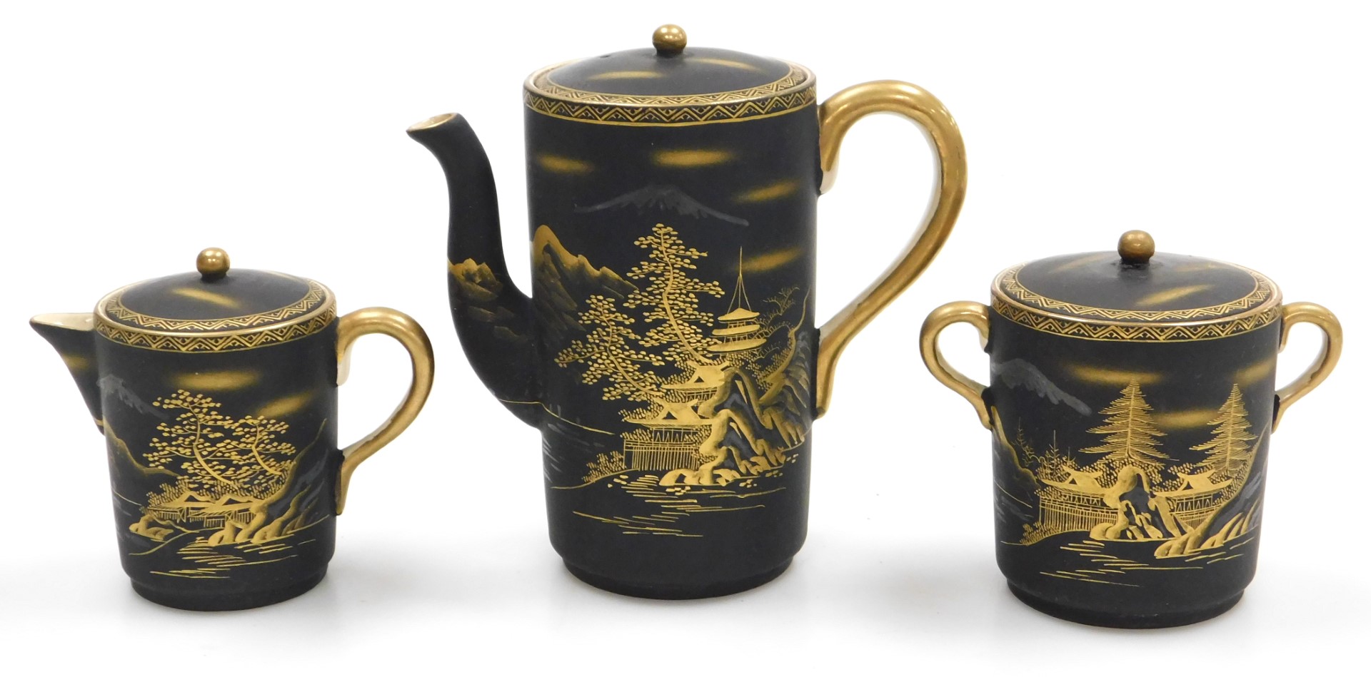A Meiji period Japanese earthenware coffee service, gilt decorated with a river landscape before Mou - Image 10 of 16