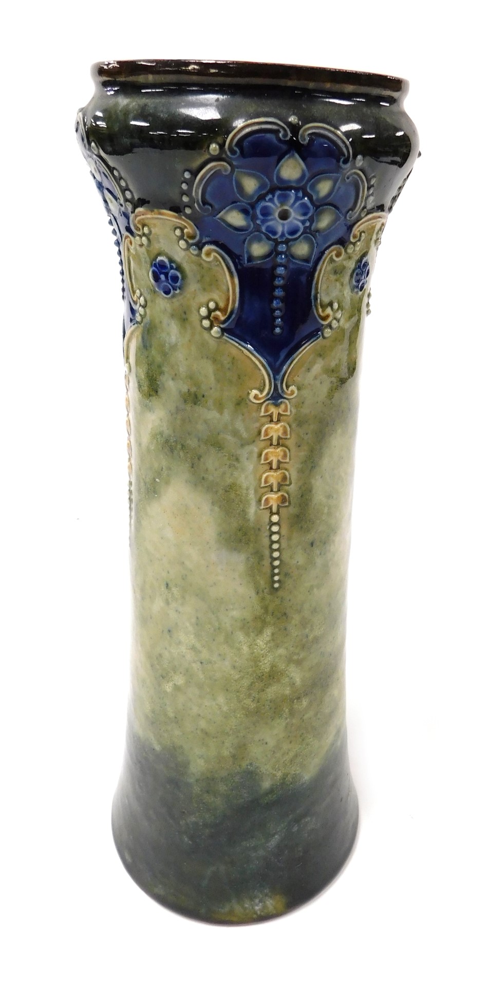 A late 19thC Royal Doulton stoneware vase, moulded with stylised flowers and trailing leaves, on a b