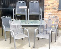 A rectangular garden table, with glass top and metal frame, together with six metal framed garden ch