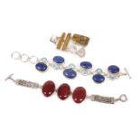 A lapis lazuli and pale blue stone bracelet, in white metal, on a T bar and triple loop, and a furth