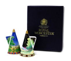 A pair of Royal Worcester Connoisseur collection porcelain candle snuffers, decorated in the Lazy Da