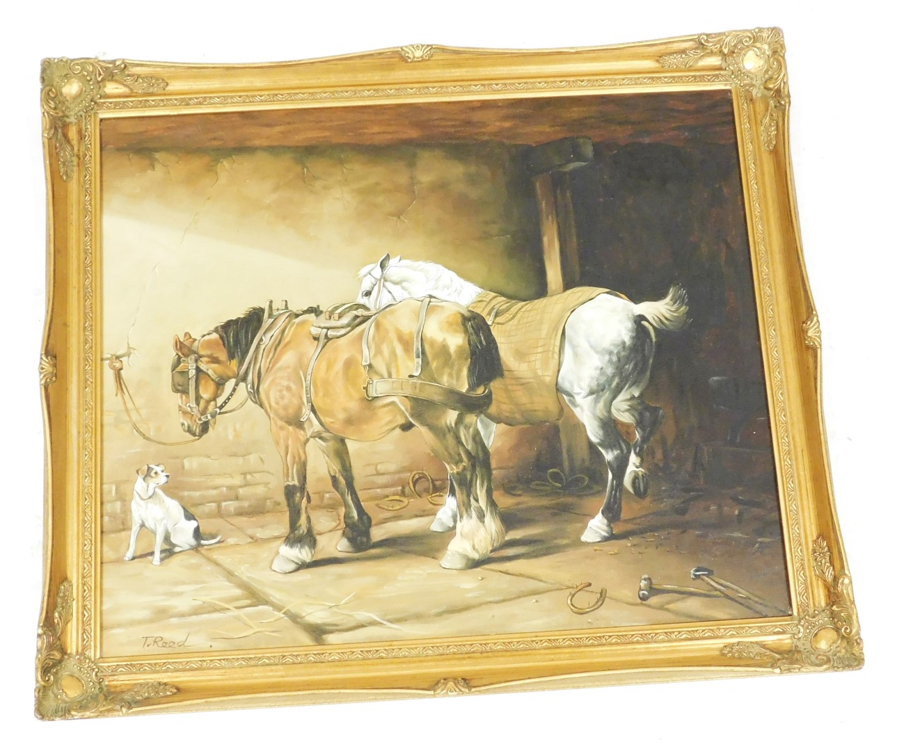 T Reed (British, 20thC). Stabled Horses and a Terrier, oil on canvas, signed, 49cm x 59cm. - Image 2 of 3