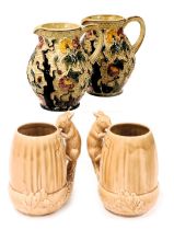 A pair of H J Wood Indian Tree pattern water jugs, 20cm high, together with a pair of sylvac brown g