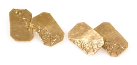 A pair of 9ct panel and chain link cufflinks, of canted rectangular form with foliate engraving, 4.4