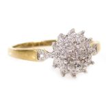 A 9ct gold and diamond flower head cluster ring, in a basket setting, size S, 2.7g all in.