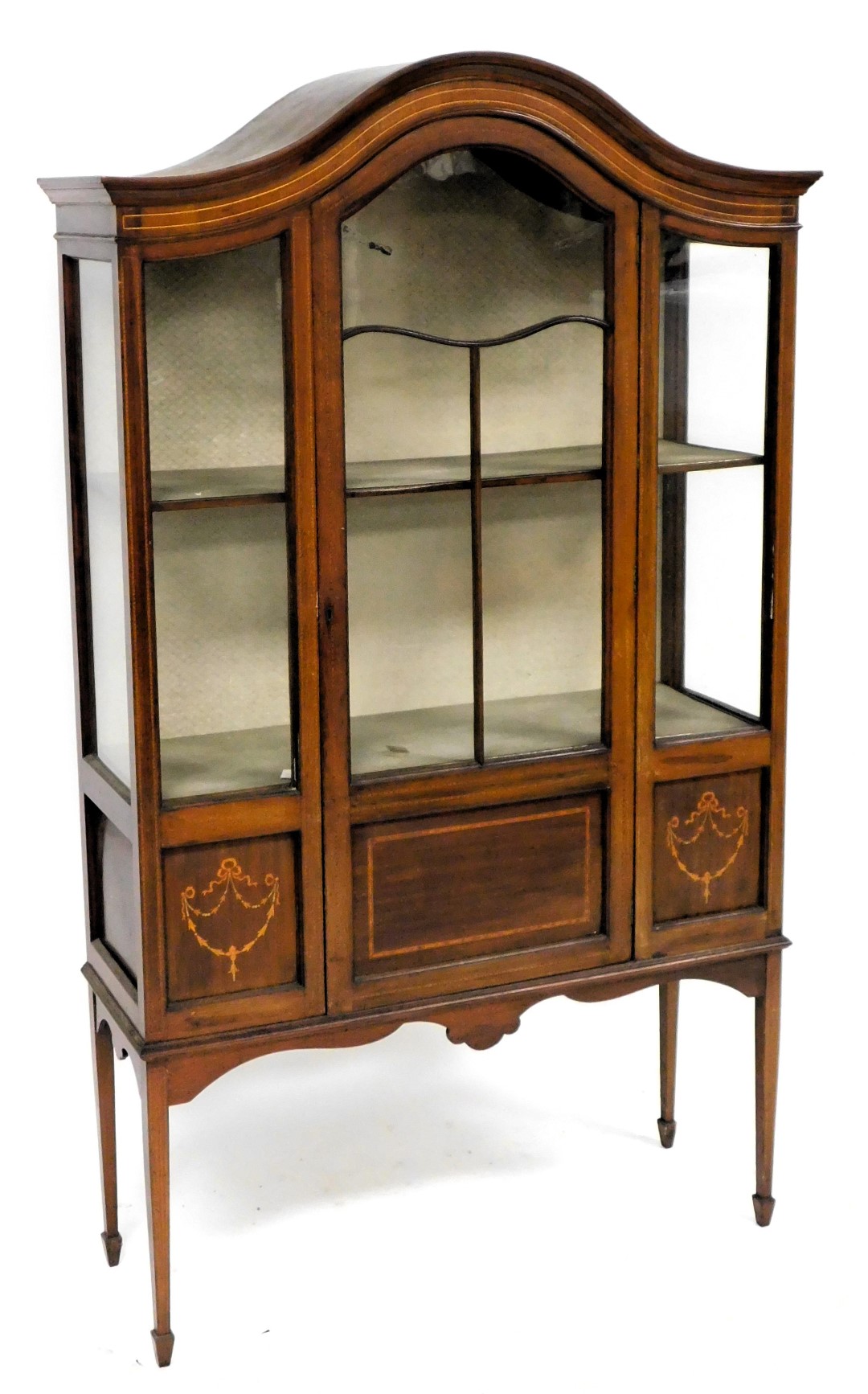 An Edwardian mahogany marquetry and chequer banded display cabinet, with an arched top over a glazed - Image 2 of 2
