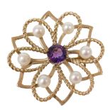 A 9ct gold amethyst and seed pearl brooch, in a floral openwork design, 5.2g all in.