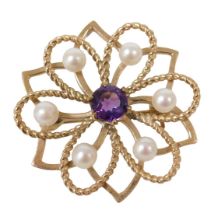 A 9ct gold amethyst and seed pearl brooch, in a floral openwork design, 5.2g all in.