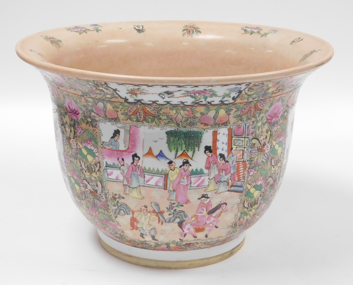 A Chinese Canton porcelain jardiniere, decorated with figures within floral borders, 32cm high, 48cm - Image 4 of 6