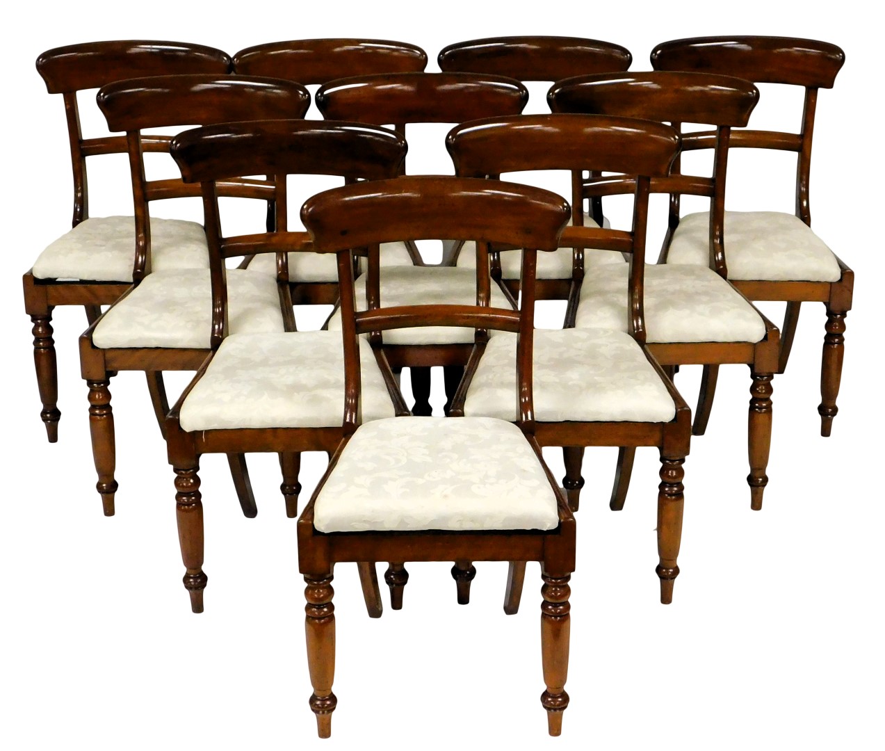 A set of ten early Victorian mahogany dining chairs, each with a plain bar back, a drop in seat, on