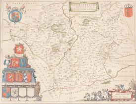 An 18thC map of Leicestershire, showing coats of arms Simon de Montefort and others, hand coloured e