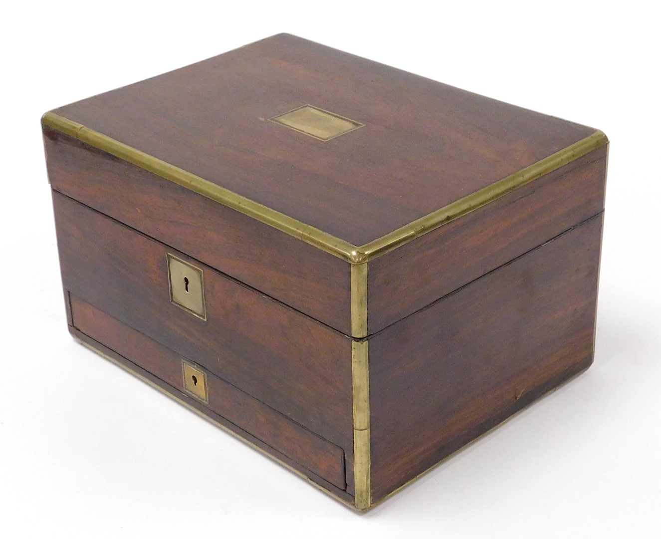 A Victorian rosewood and brass bound toilet set, with cut glass and plate lidded boxes, jars and man - Image 3 of 3