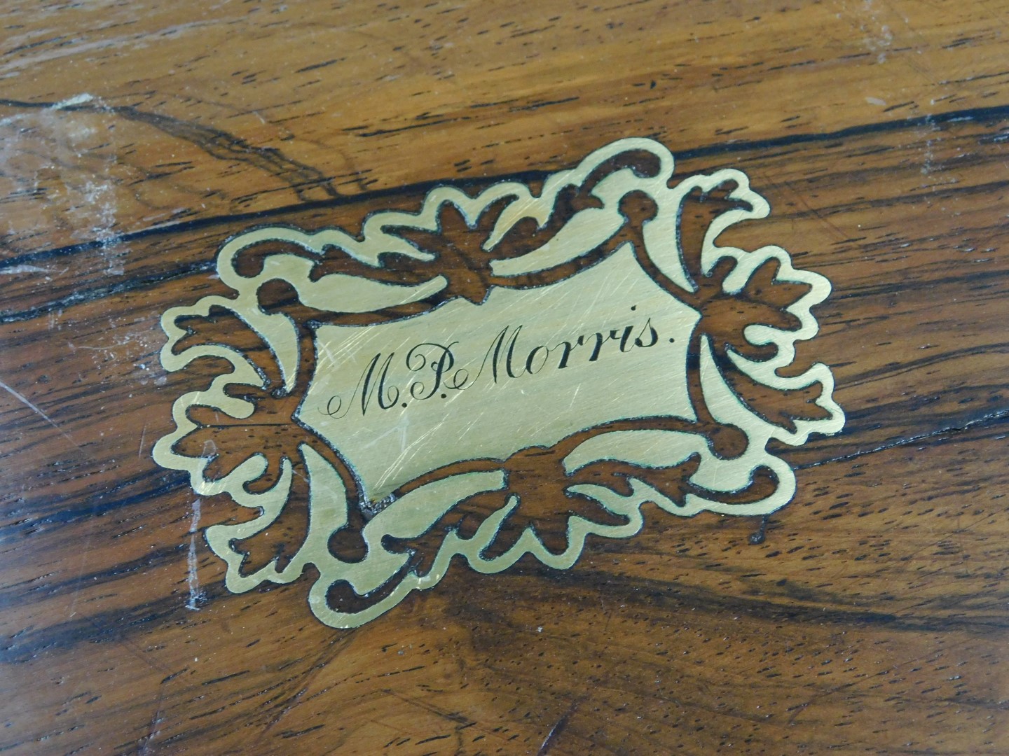 A Victorian rosewood and brass inlaid sewing box, with escutcheon to the lid named for M P Morris, t - Image 3 of 3