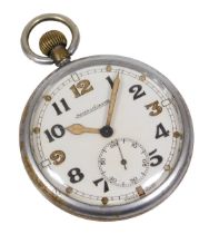 A Jaeger-le-Coultre military cased pocket watch, open face, keyless wind, circular dial bearing Arab