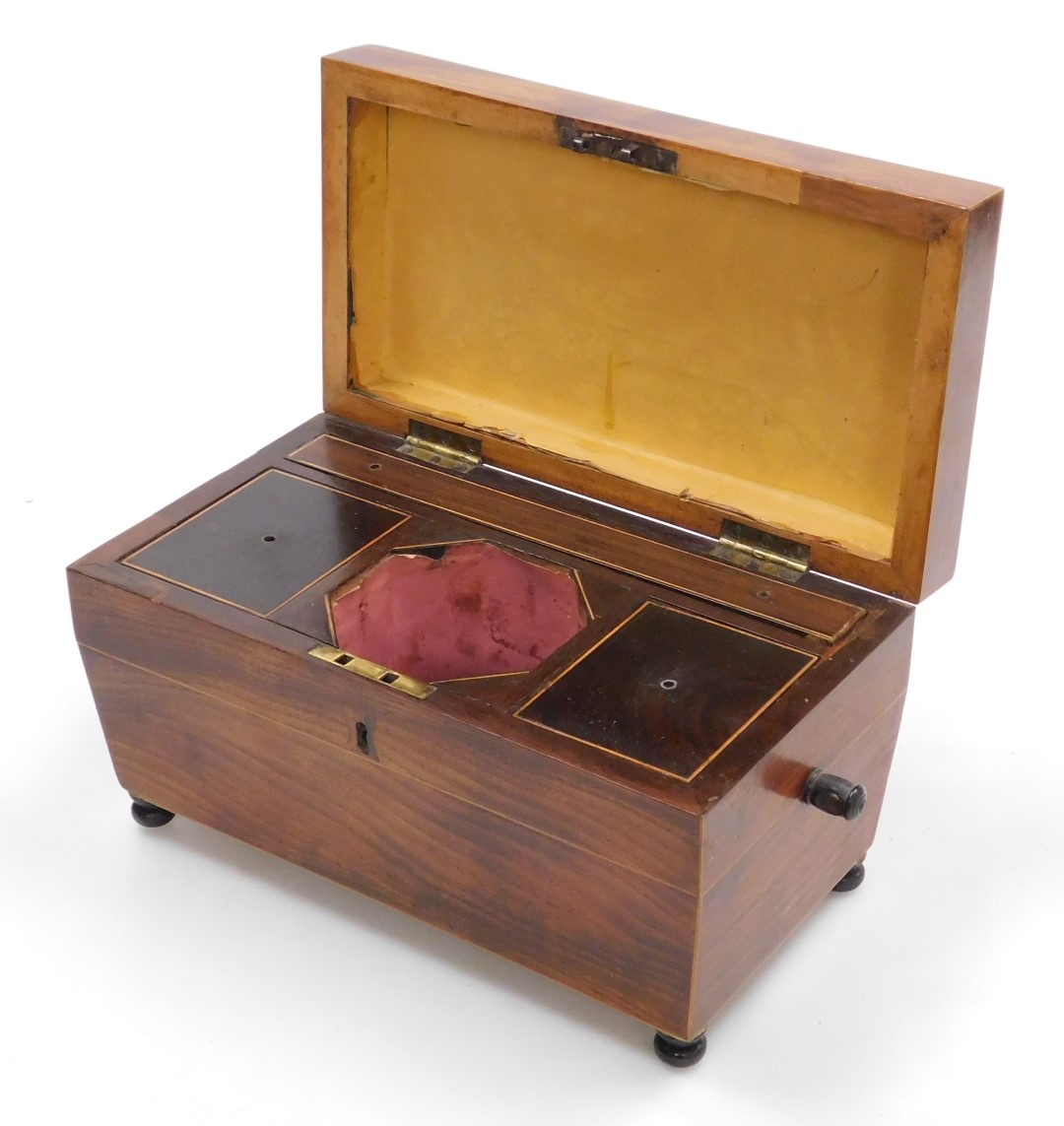 A Regency mahogany and rosewood tea caddy, with boxwood line inlay of sarcophagus form, with twin ri - Image 2 of 2
