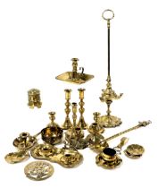 A group of 19thC and later brass ware, including candlesticks, Italian oil lamp, string box, candle