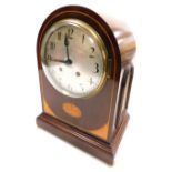 An Edwardian mahogany and inlaid mantel clock, circular silver dial bearing Arabic numerals, eight d